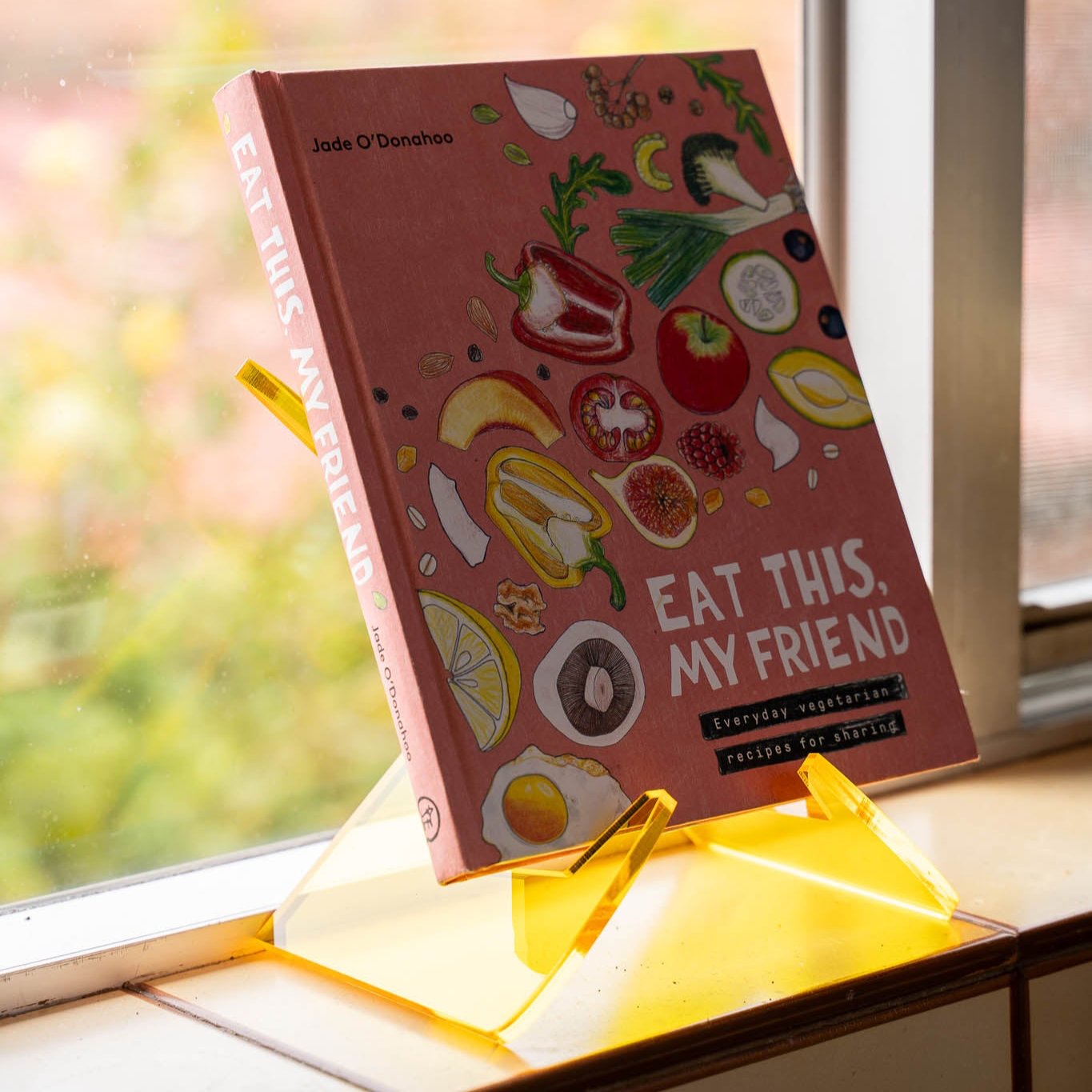 record display stand yellow, recipe book stand, cookbook stand, display