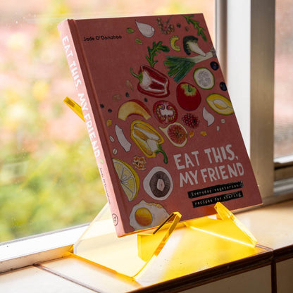 record display stand yellow, recipe book stand, cookbook stand, display